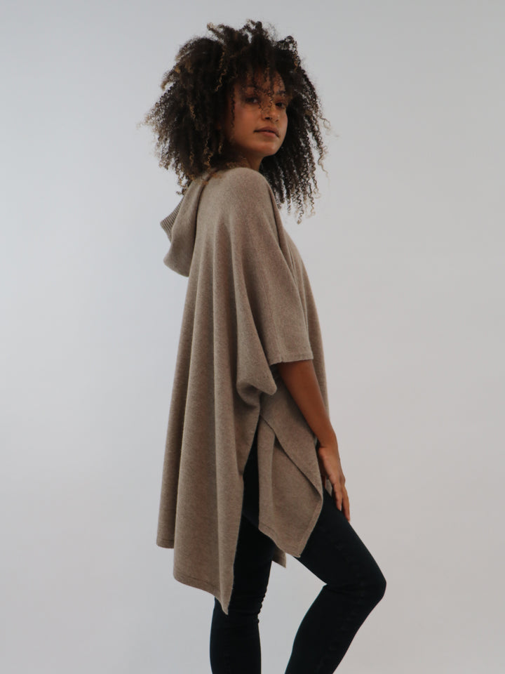 Organic Cashmere Hooded Poncho #FAWN