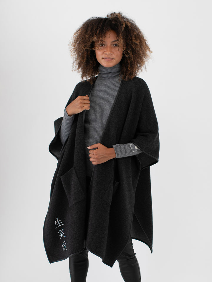 Cashmere Reversible Poncho #CHARCOAL/SMOKE