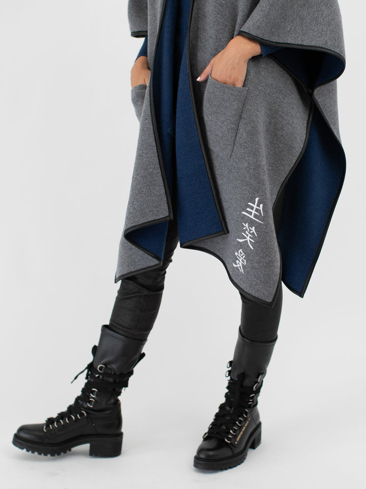 Cashmere Reversible Poncho #DUTCH BLUE/SKY GREY