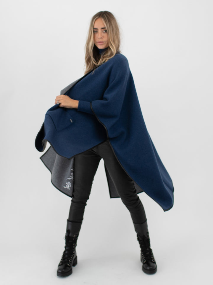 Cashmere Reversible Poncho #DUTCH BLUE/SKY GREY