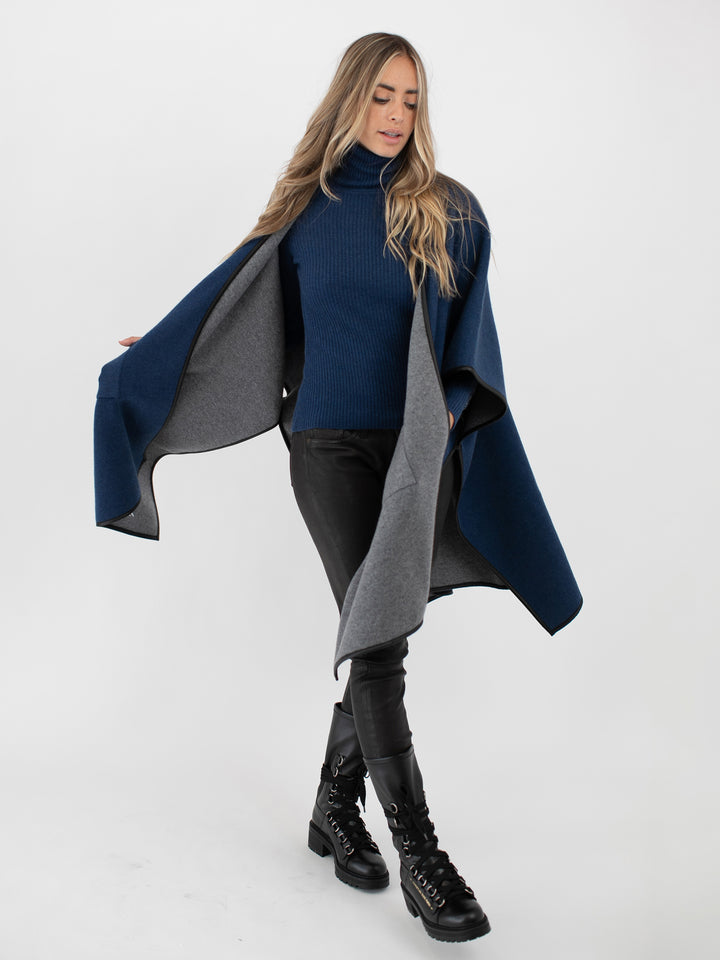 Cashmere Reversible Poncho #DUTCH BLUE/SKY GREY