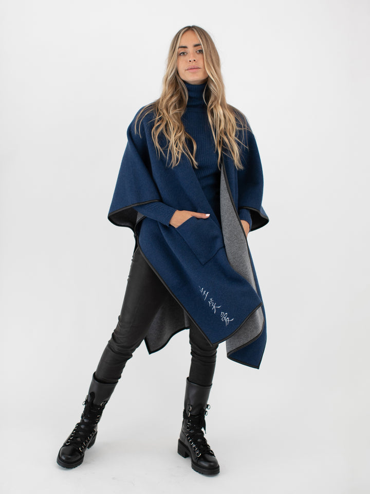 Cashmere Reversible Poncho #DUTCH BLUE/SKY GREY