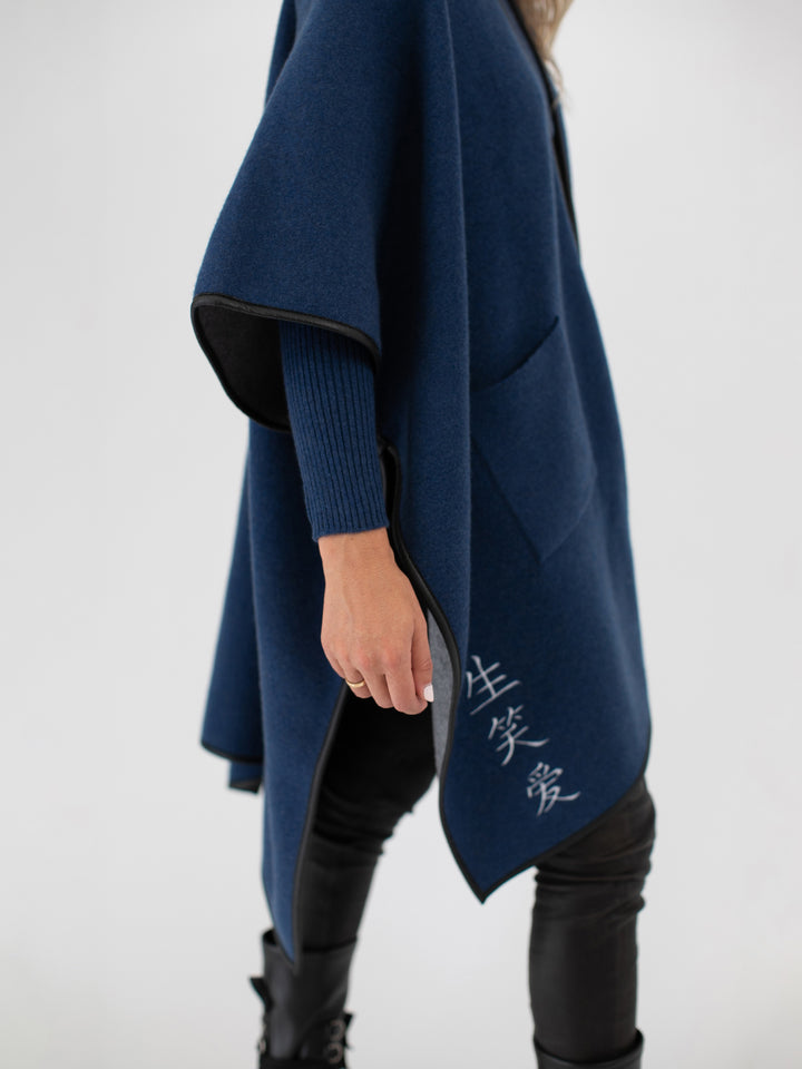 Cashmere Reversible Poncho #DUTCH BLUE/SKY GREY