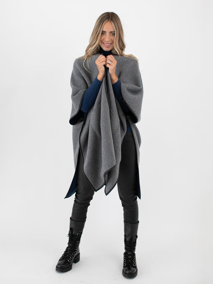 Cashmere Reversible Poncho #DUTCH BLUE/SKY GREY