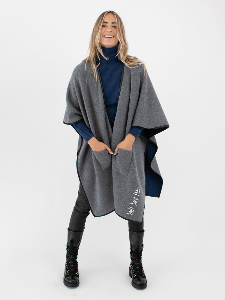 Cashmere Reversible Poncho #DUTCH BLUE/SKY GREY