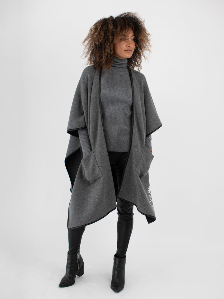 Cashmere Reversible Poncho #CHARCOAL/SMOKE