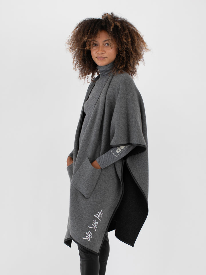 Cashmere Reversible Poncho #CHARCOAL/SMOKE