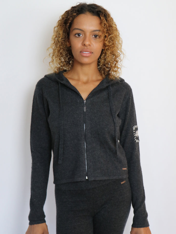 Cropped Zip up Cashmere Hoodie #CHARCOAL