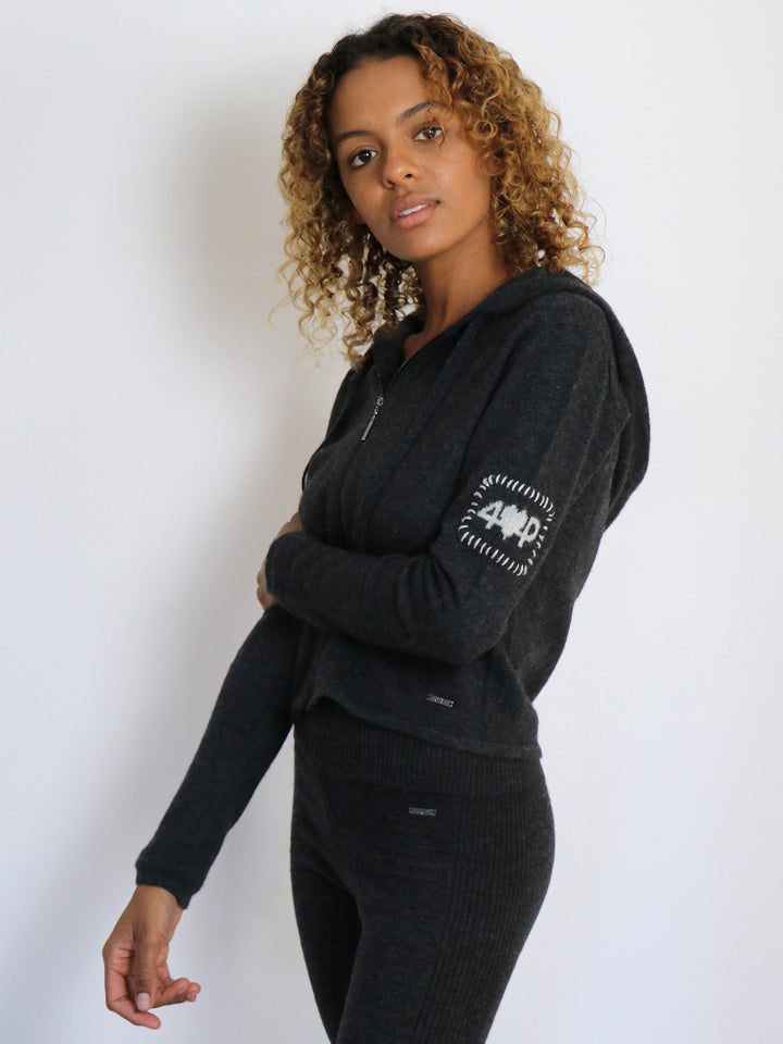 Cropped Zip up Cashmere Hoodie #CHARCOAL
