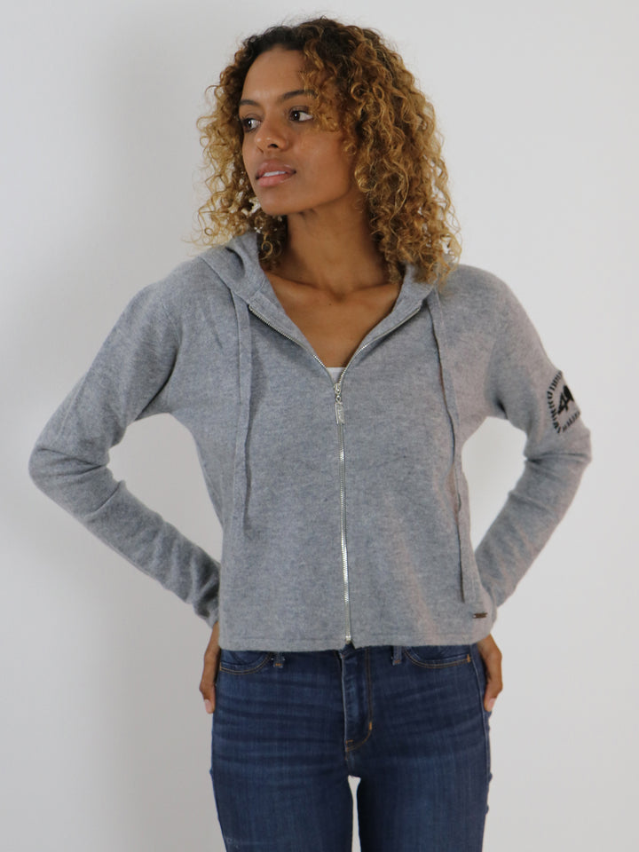 Cropped Zip up Cashmere Hoodie #SOFT GREY