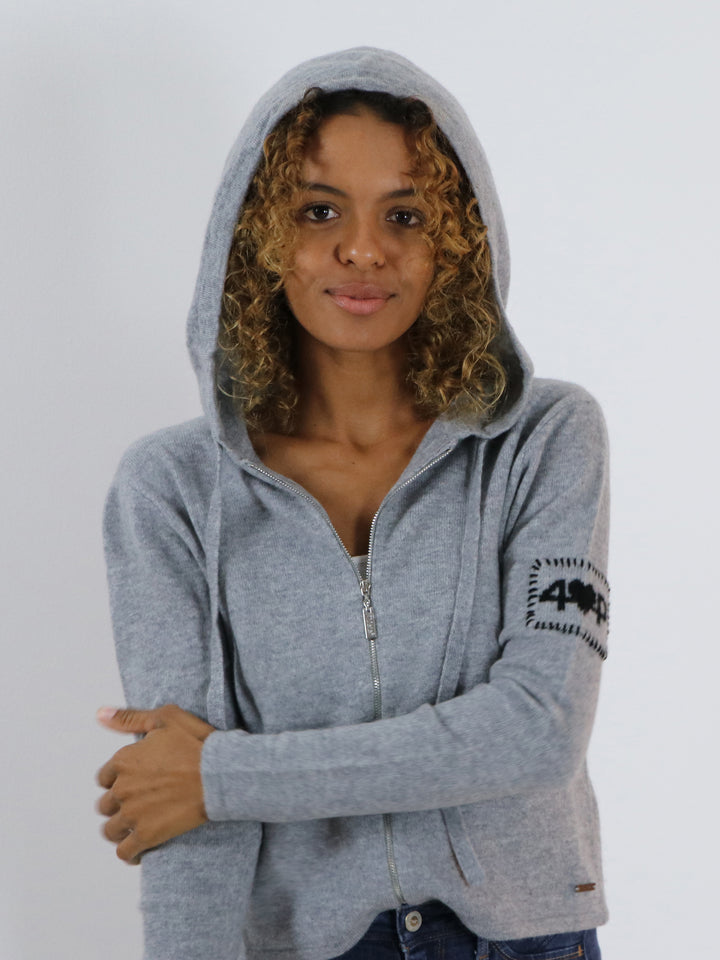 Cropped Zip up Cashmere Hoodie #SOFT GREY