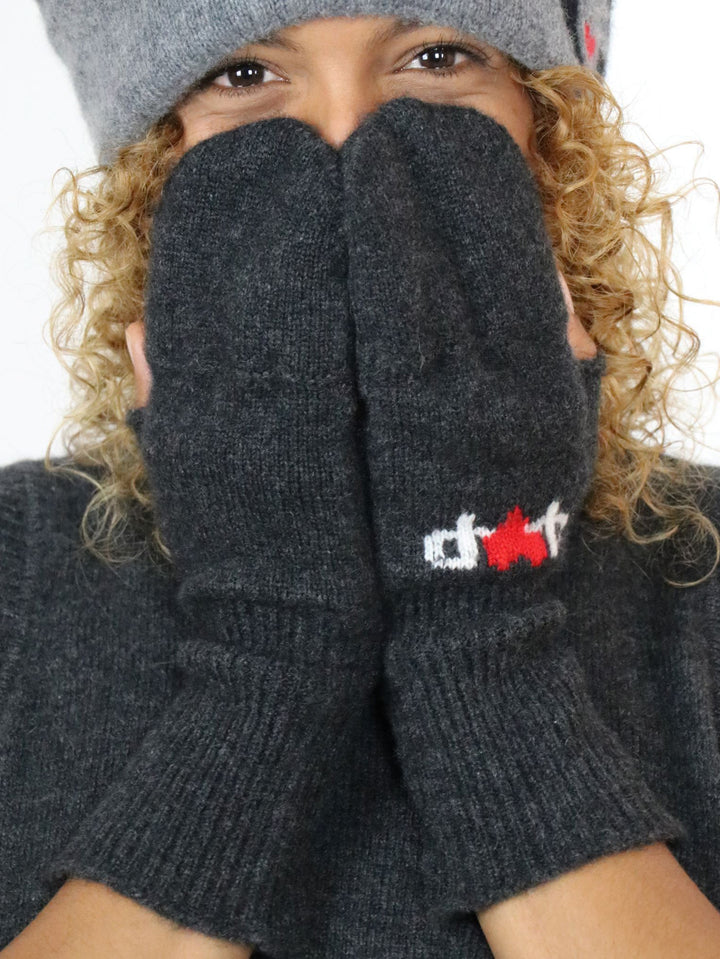 Fingerless Gloves/Mittens in Cashmere #CHARCOAL/RED