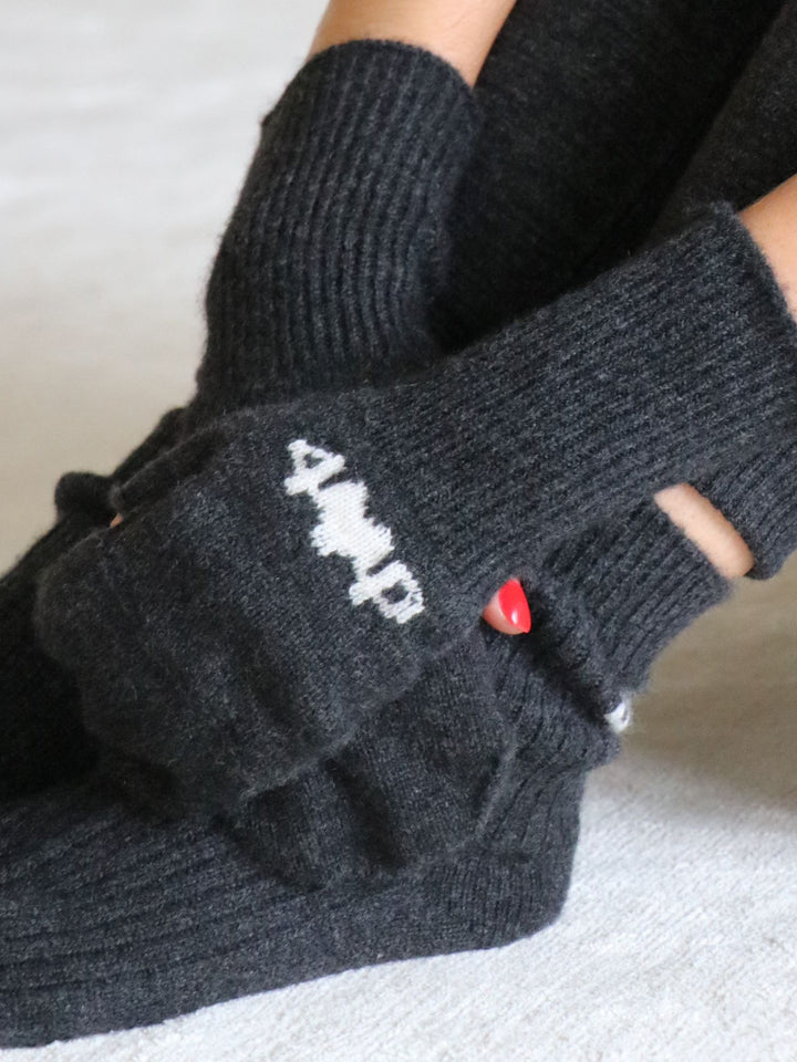 Fingerless Gloves/Mittens in Cashmere #CHARCOAL/PEARL