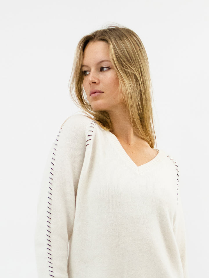 V Neck Cashmere Sweater with detailed Stitching #PEARL