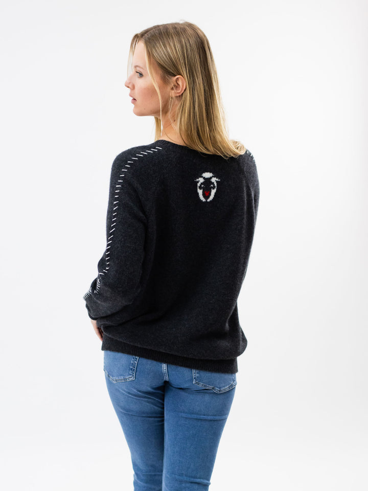 V Neck Cashmere Sweater with detailed Stitching #CHARCOAL