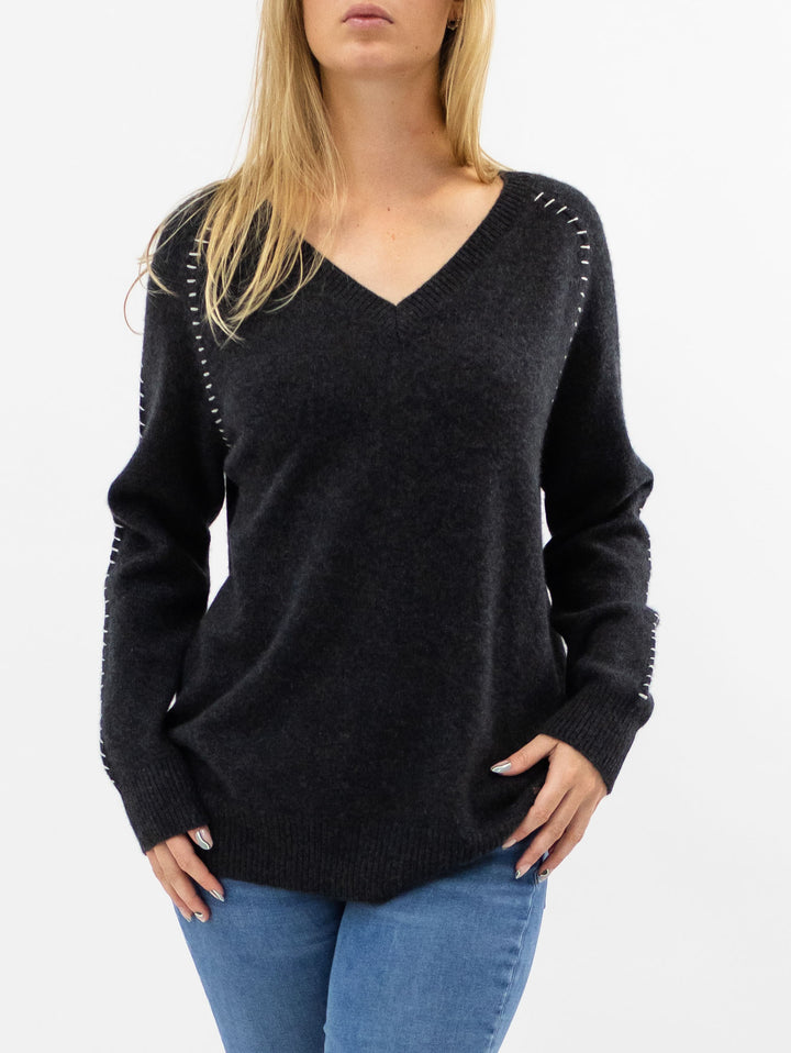 V Neck Cashmere Sweater with detailed Stitching #CHARCOAL