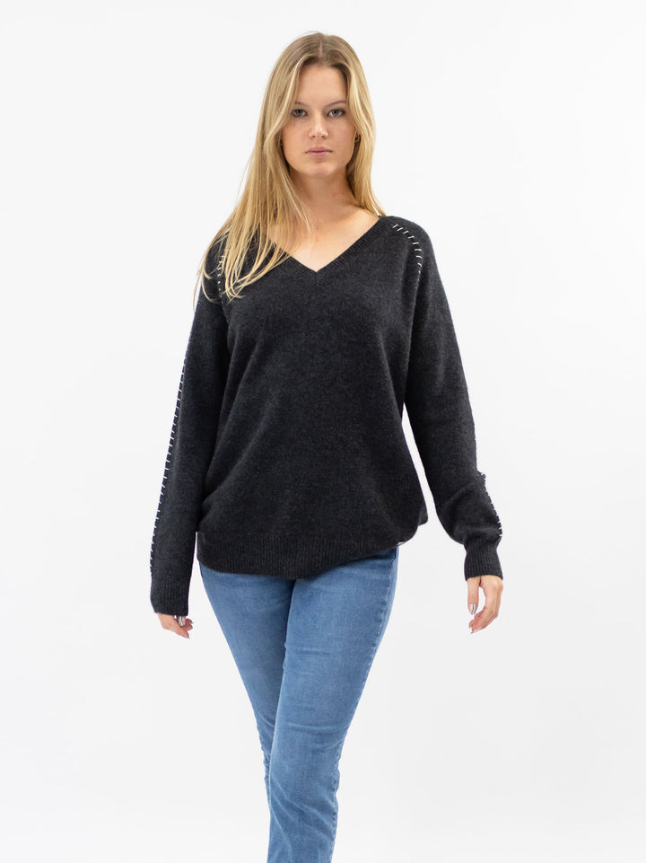 V Neck Cashmere Sweater with detailed Stitching #CHARCOAL