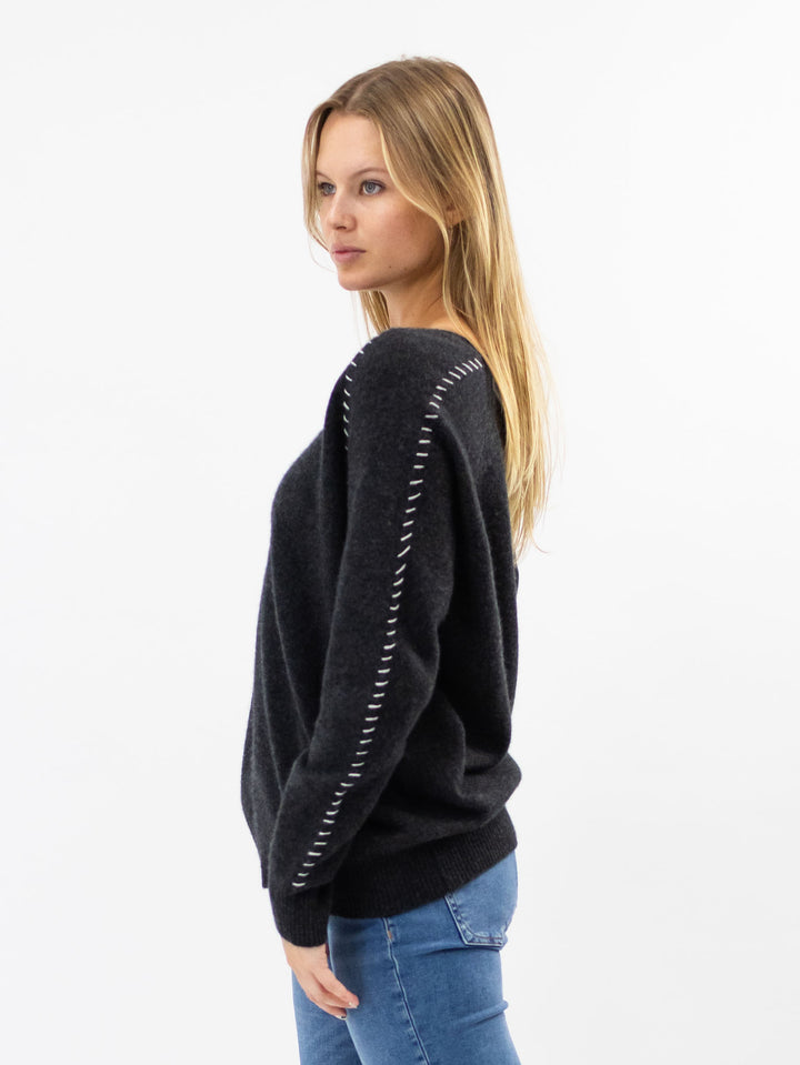 V Neck Cashmere Sweater with detailed Stitching #CHARCOAL