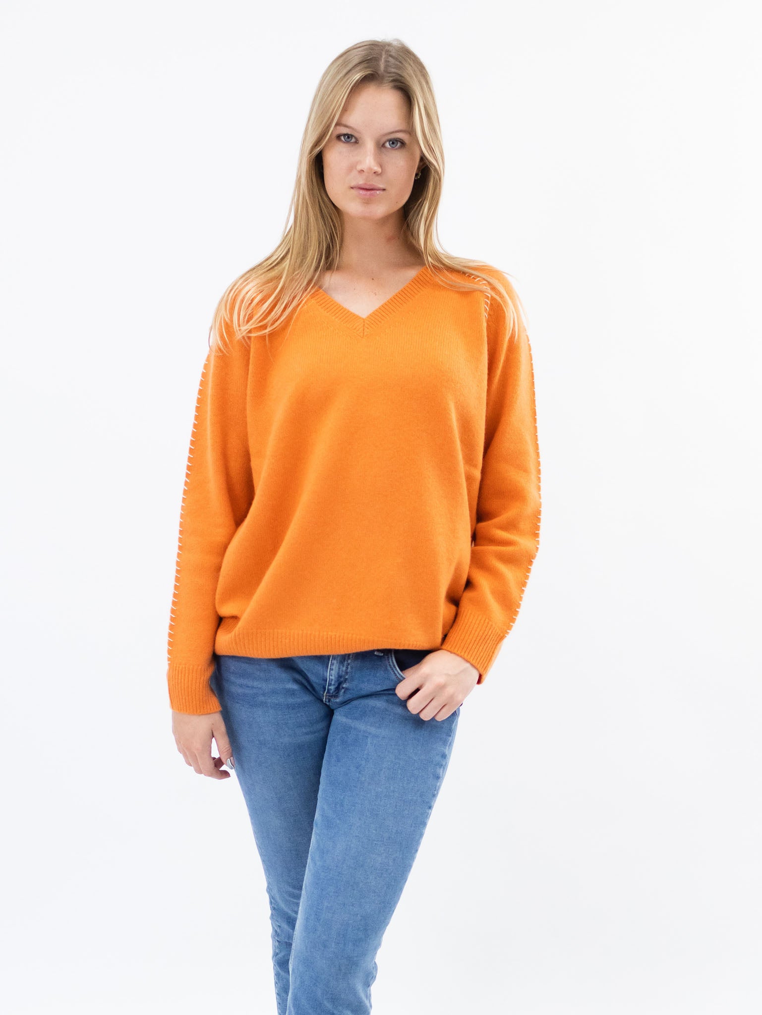 V Neck Cashmere Sweater with detailed Stitching