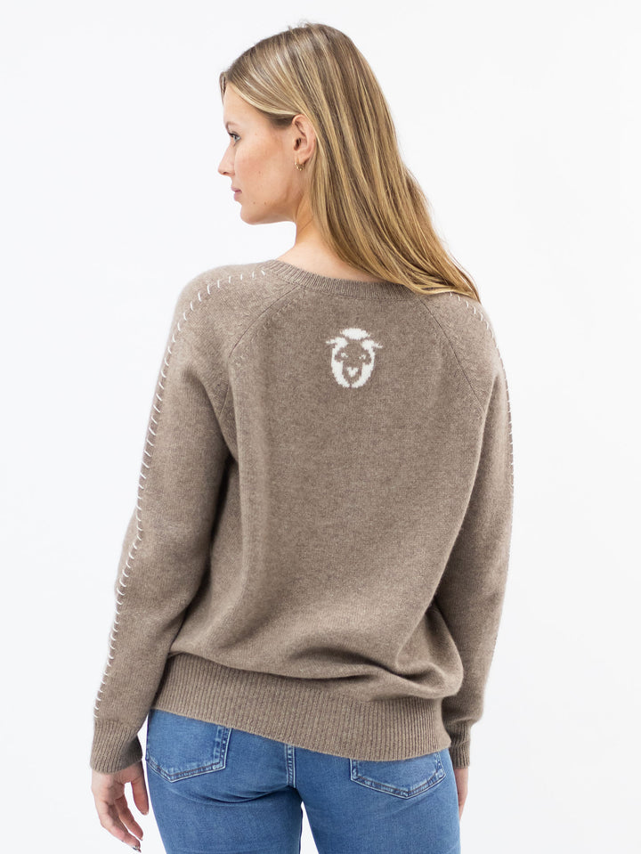 V Neck Cashmere Sweater with detailed Stitching #FAWN