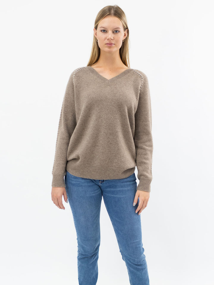 V Neck Cashmere Sweater with detailed Stitching #FAWN
