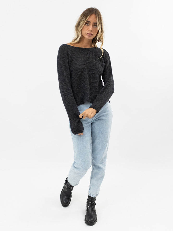 Soft Open Weave Cashmere Boatneck Sweater #CHARCOAL