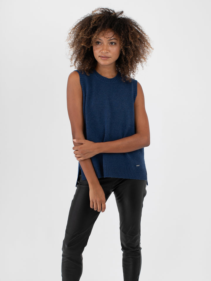 Sleeveless Cashmere Sweater Top with High-Low Hem #DUTCH BLUE