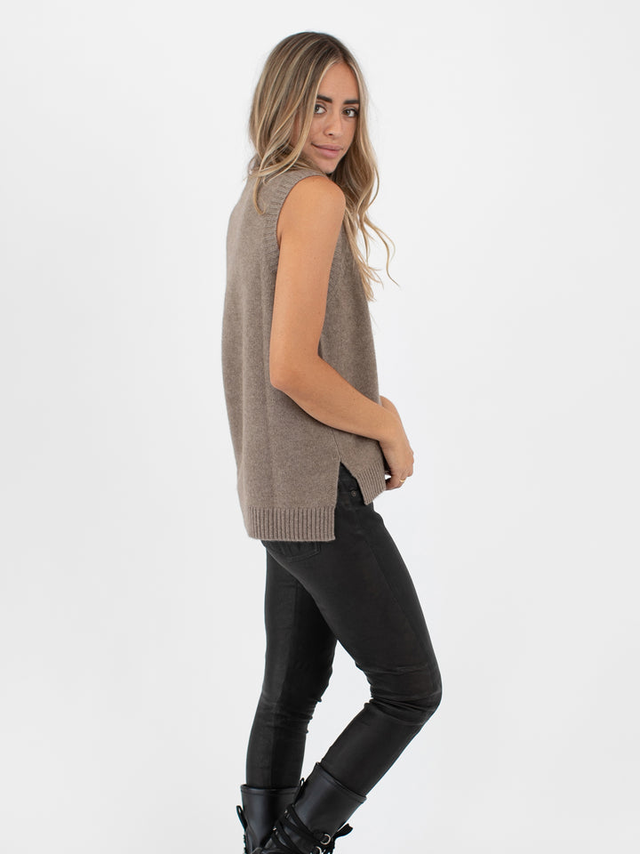 Sleeveless Cashmere Sweater Top with High-Low Hem #FAWN