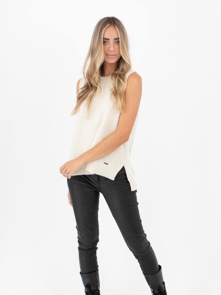 Sleeveless Cashmere Sweater Top with High-Low Hem #PEARL
