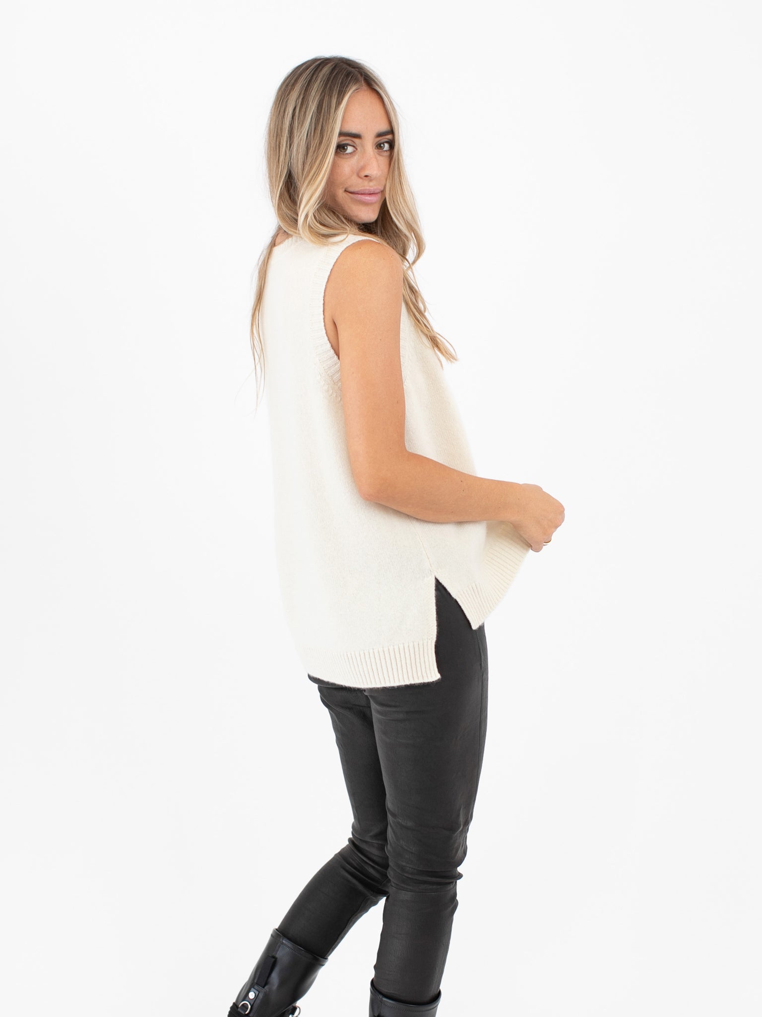 Sleeveless Cashmere Sweater Top with High-Low Hem