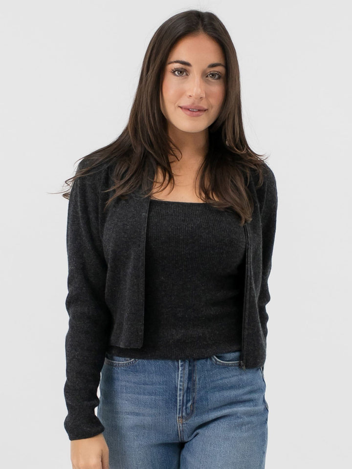 Fine Ribbed Cashmere Zip-Up Cardigan #CHARCOAL