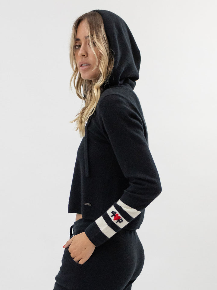 Women Zip-up Cropped Cashmere Hoodie #BLACK